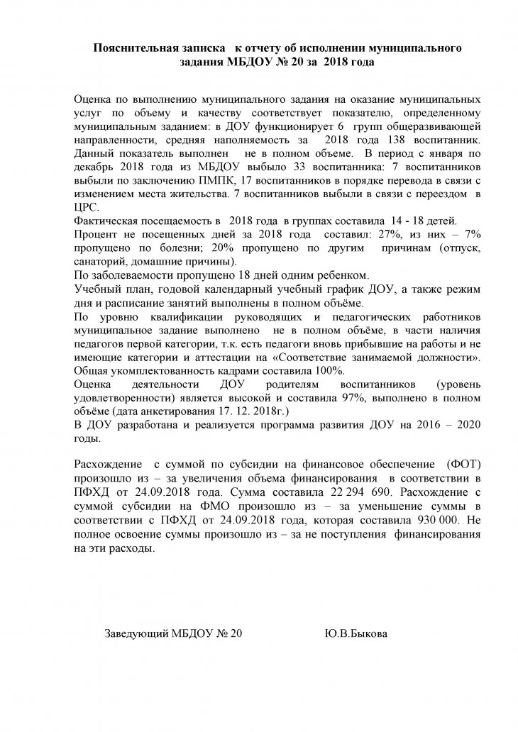 Отчет об исполнении муниципального задания МБДОУ № 20  за 2018 год